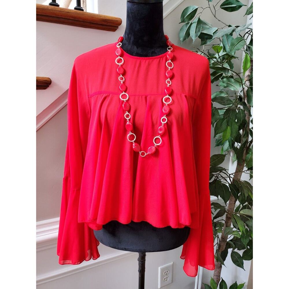 Boohoo Women's Red Polyester Round Neck Long Sleeve Casual Top Blouse Size 4
